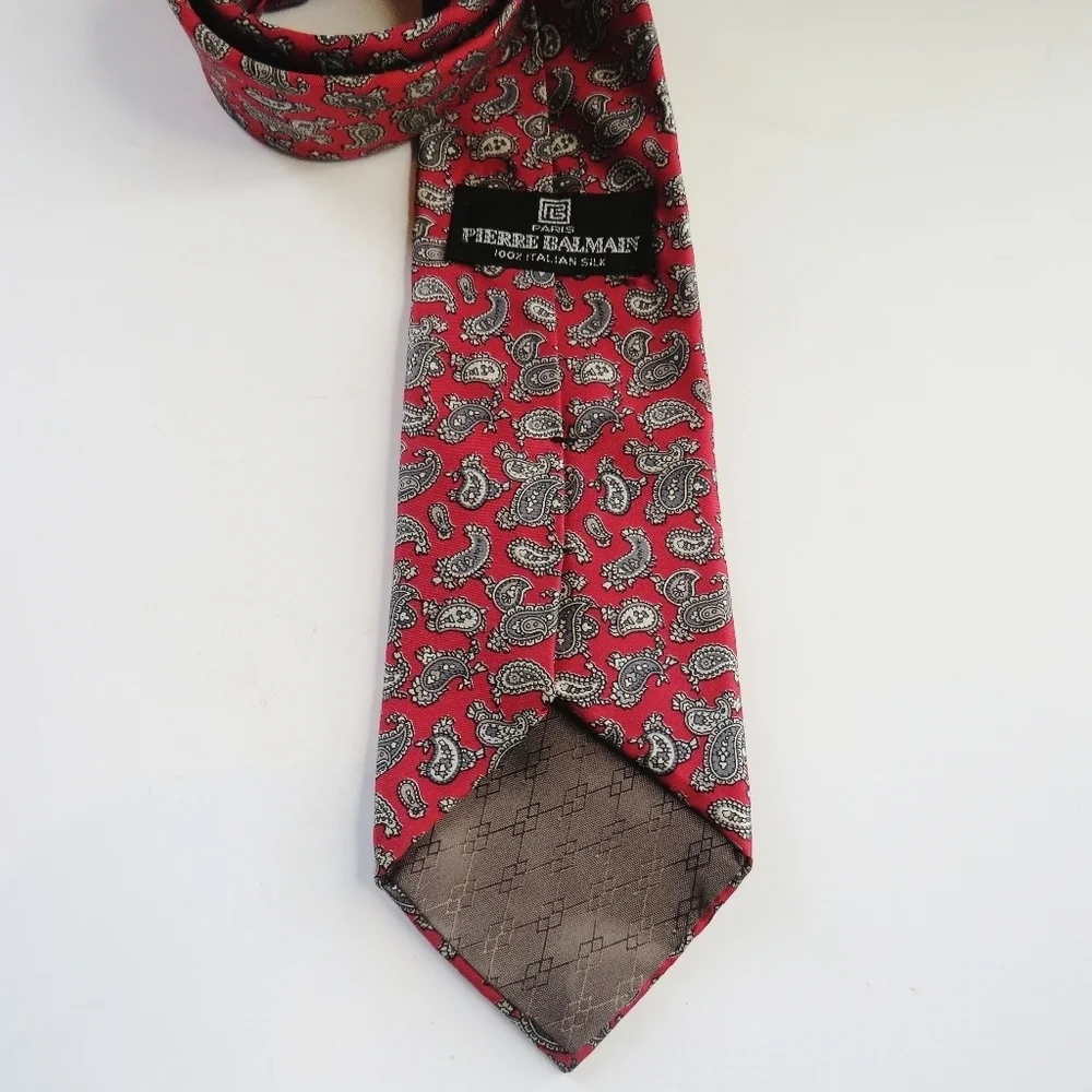 Vintage Pierre Balmain Paris Silk Red Gray Paisley Tie